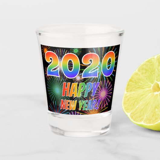 Rainbow Letters "2020 HAPPY NEW YEAR!" + Fireworks Shot Glas (Voorkant)