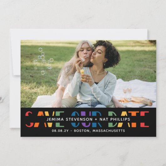 Rainbow Letters Black LGBTQ+ Typografie Save The Date (Voorkant)