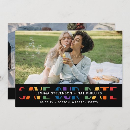 Rainbow Letters Black LGBTQ+ Typografie Save The Date (Voorkant / Achterkant)