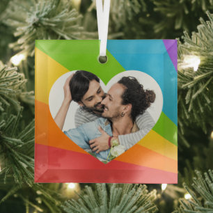 Rainbow LGBT Couple Photo Romantic Heart Kerstmis Glas Ornament