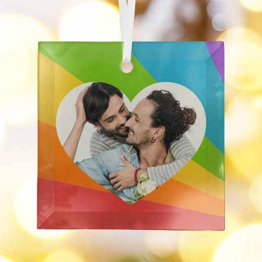 Rainbow LGBT Couple Photo Romantic Heart Kerstmis Glas Ornament