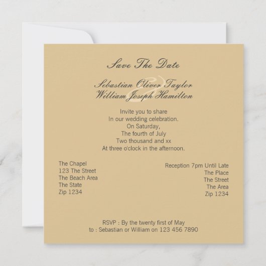 Rainbow-liefdeshart van de homo's in het zand save the date (Achterkant)