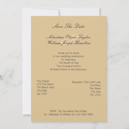 Rainbow-liefdeshart van de homo's in het zand save the date (Achterkant)