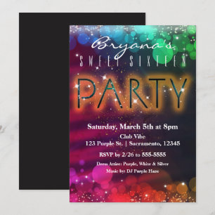 Rainbow Lights Sparkle Dance Club Party Invitation Kaart