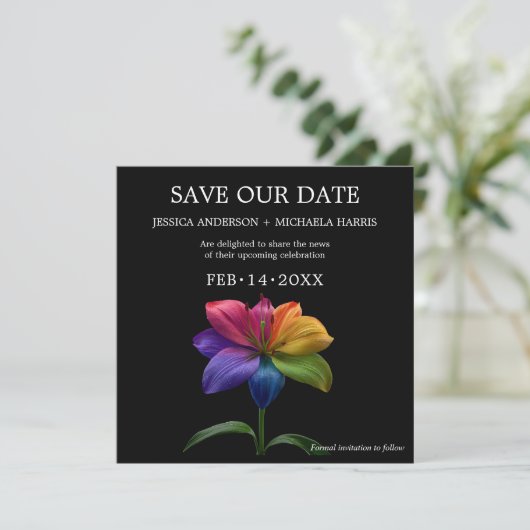 🌈 Rainbow Lily Save the Date — Square (Staand voorkant)