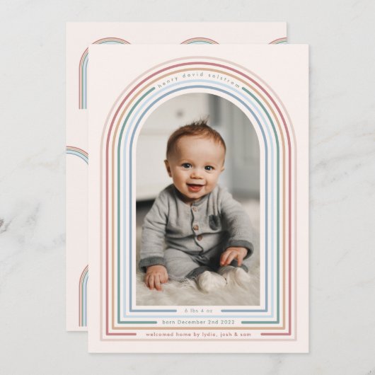 Rainbow Line Arch Birth Announcement Kaart (Voorkant / Achterkant)