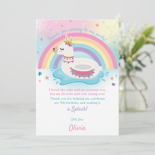 Rainbow Llama Fun Pool Party Birthday Girl Bedankkaart (Staand voorkant)