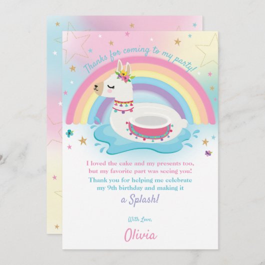 Rainbow Llama Fun Pool Party Birthday Girl Bedankkaart (Voorkant / Achterkant)