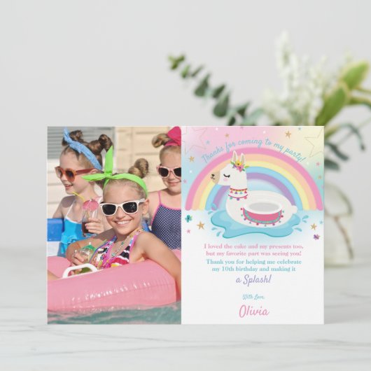 Rainbow Llama Fun Pool Party Birthday Girl Foto Bedankkaart (Staand voorkant)