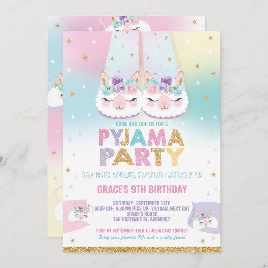 Rainbow Llama Pajama Birthday Party Sleepover Kaart (Voorkant / Achterkant)