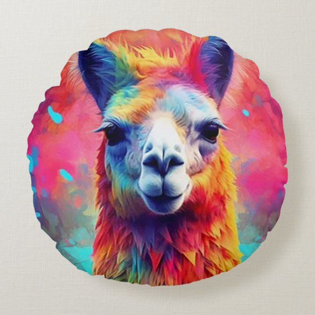 Rainbow Llama Rond Kussen (Voorkant)