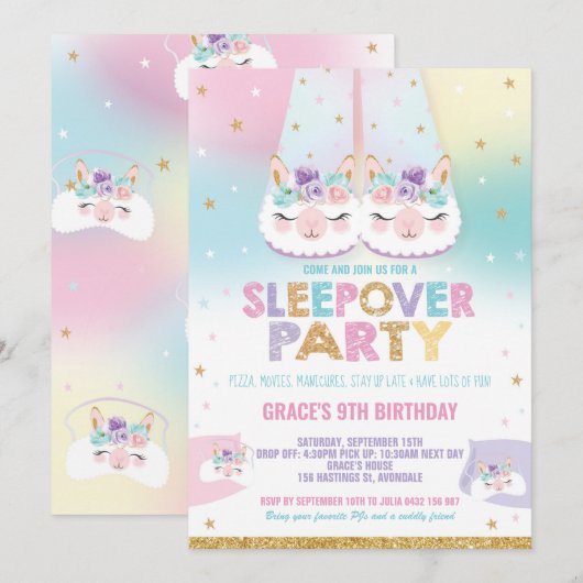 Rainbow Llama Sleepover Birthday Party Pajama Kaart (Voorkant / Achterkant)