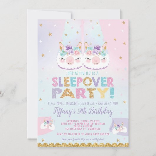 Rainbow Llama Sleepover Verjaardagsfeest Slumber Kaart (Voorkant)