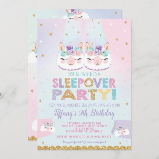 Rainbow Llama Sleepover Verjaardagsfeest Slumber Kaart (Voorkant / Achterkant)