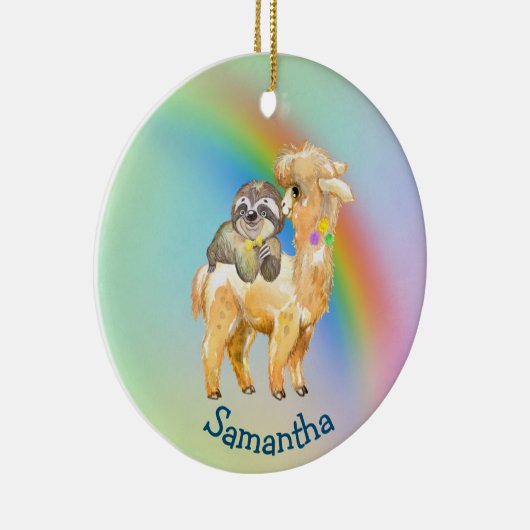 Rainbow Llama Sloth Aangepast Schattig Keramisch Ornament (Rechts)