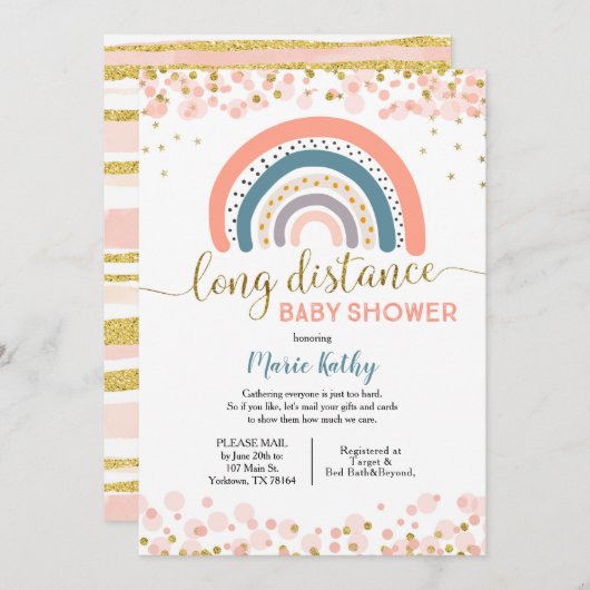 Rainbow Long Distance Baby shower Invitation Kaart (Voorkant / Achterkant)