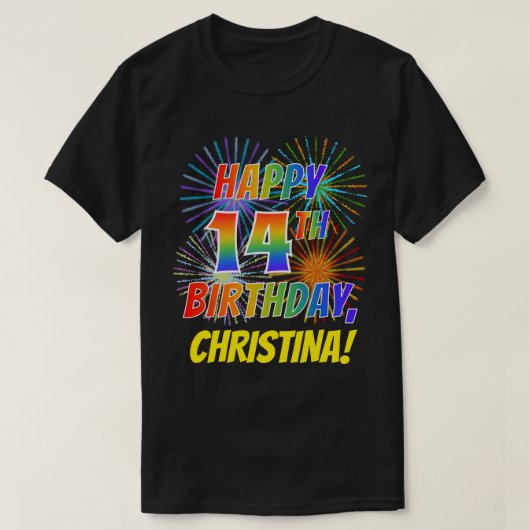 Rainbow Look HAPPY 14TH BIRTHDAY; Vuurwerk + Naam T-shirt (Design voorkant)