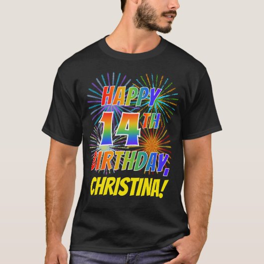 Rainbow Look HAPPY 14TH BIRTHDAY; Vuurwerk + Naam T-shirt (Voorkant)