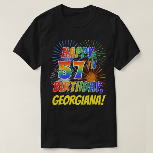 Rainbow Look HAPPY 57E VERJAARDAG; Vuurwerk + Naam T-shirt (Design voorkant)