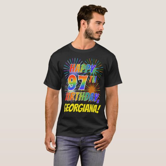Rainbow Look HAPPY 97TH BIRTHDAY; Vuurwerk + Naam T-shirt (Voorkant volledig)