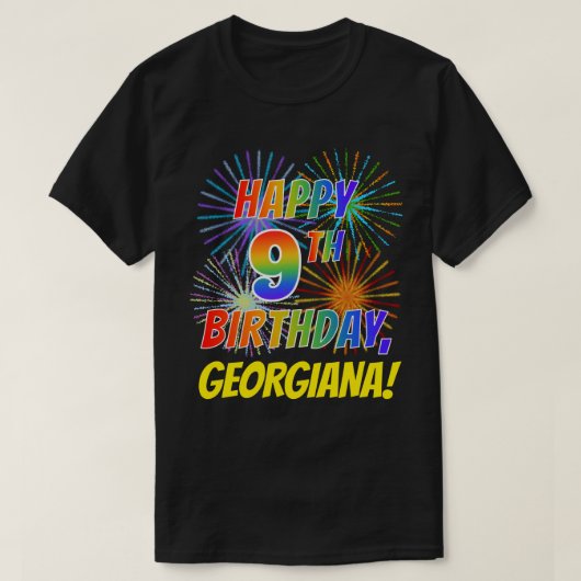 Rainbow Look HAPPY 9TH BIRTHDAY; Vuurwerk + Naam T-shirt (Design voorkant)