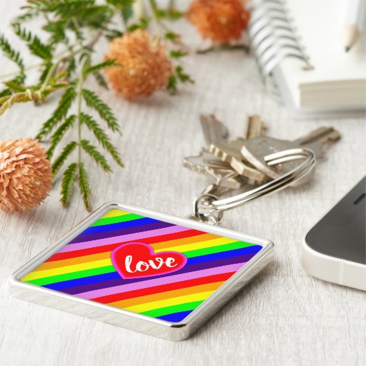 Rainbow Love Heart Classic Pride Dynamic Stripes Sleutelhanger (Zijkant)
