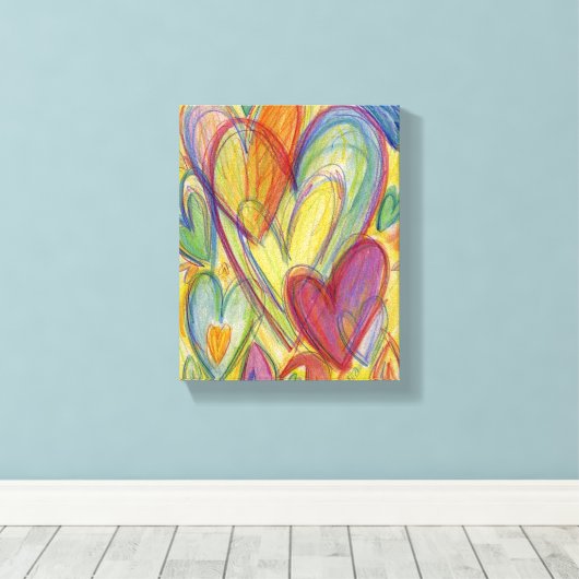 Rainbow Love Hearts schilder Canvas Art Print (Insitu (Houten vloer))