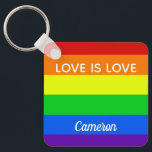 Rainbow Love is Love Gay Pride Custom LGBTQ Sleutelhanger<br><div class="desc">Gay Pride regenboogstriped sleutelhanger die Love leest is Love. Aangepaste LGBTQ-ondersteuning voor al je homoseksuele,  lesbische,  biseksuele,  transseksuele en panseksuele vrienden en familie. Steun voor gelijke rechten voor alle mensen,  ongeacht wie ze liefhebben en hun geslachtsidentificatie. Een schattig gepersonaliseerd ontwerp voor de LGBT-gemeenschap.</div>
