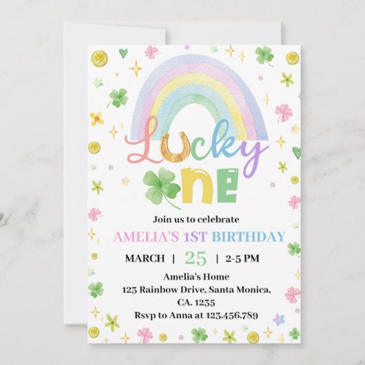 Rainbow Lucky One Eerste Verjaardag Uitnodiging (Voorkant)