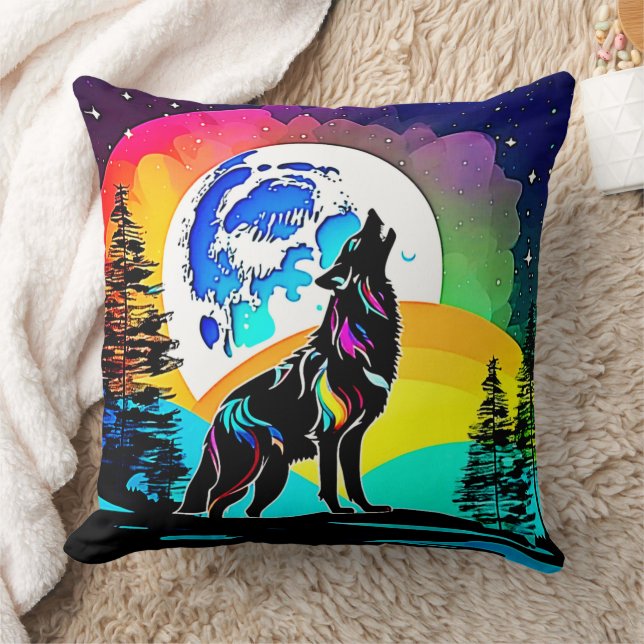 Rainbow Lunar Wolf Howl Art Kussen (Deken)