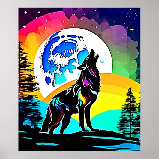 Rainbow Lunar Wolf Howl Art Poster (Voorkant)