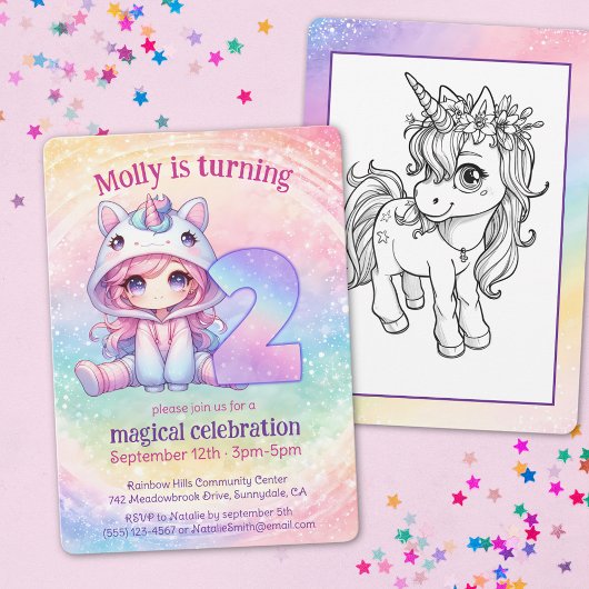 Rainbow Magical Chibi Eenhoorn verjaardag Kaart