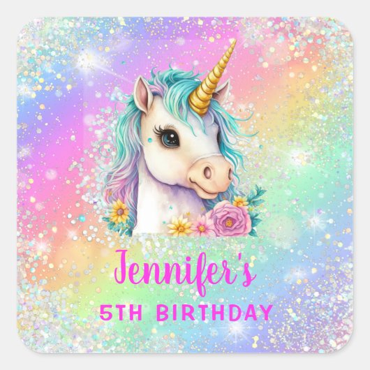 Rainbow Magical Eenhoorn Sparkle Verjaardag Vierkante Sticker (Voorkant)
