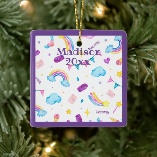 Rainbow Magical Paars personalize Name Year Girly Keramisch Ornament (Boom)