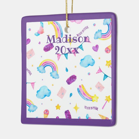 Rainbow Magical Paars personalize Name Year Girly Keramisch Ornament (Links)