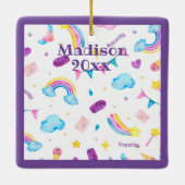 Rainbow Magical Paars personalize Name Year Girly Keramisch Ornament (Achterkant)