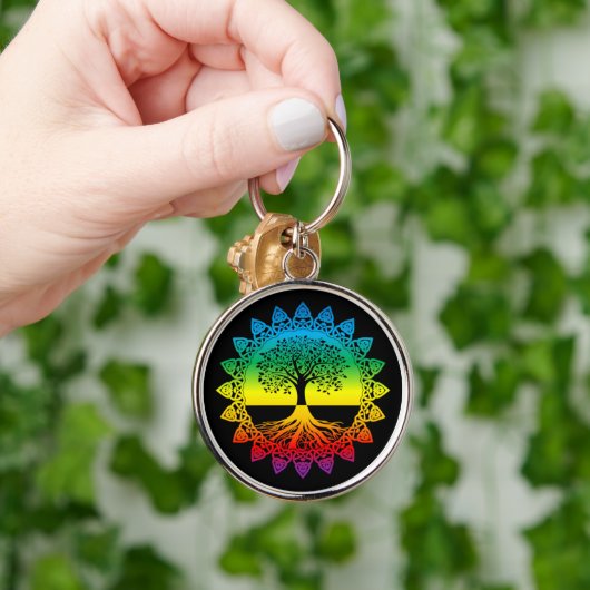 Rainbow Mandala Celtic Tree of Life on Black Sleutelhanger (Hand)