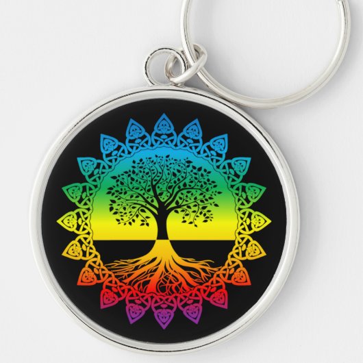 Rainbow Mandala Celtic Tree of Life on Black Sleutelhanger (Voorkant)