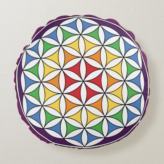 Rainbow Mandala Flower of Life Rond Kussen (Voorkant)