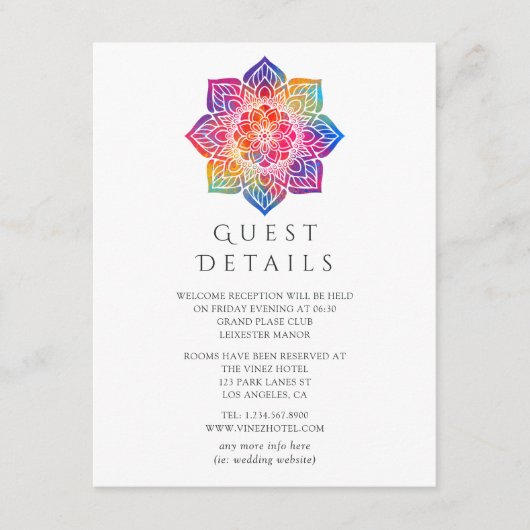 Rainbow Mandala Indian Wedding Guest Details Informatiekaartje (Voorkant)