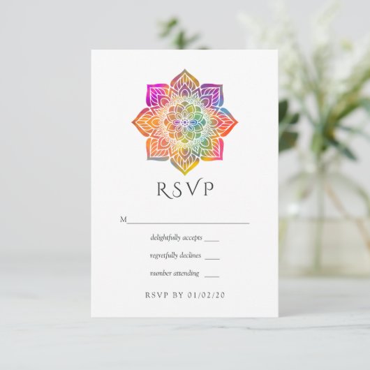 Rainbow Mandala Indian Wedding RSVP Kaartje (Staand voorkant)