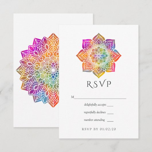 Rainbow Mandala Indian Wedding RSVP Kaartje (Voorkant / Achterkant)