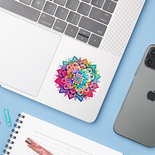Rainbow Mandala vinyl sticker (Laptop met iPhone)