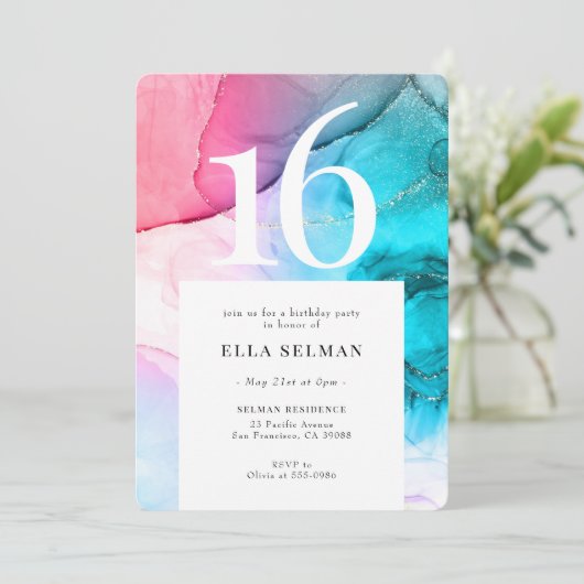 Rainbow Marble Gold Birthday Uitnodiging (Staand voorkant)