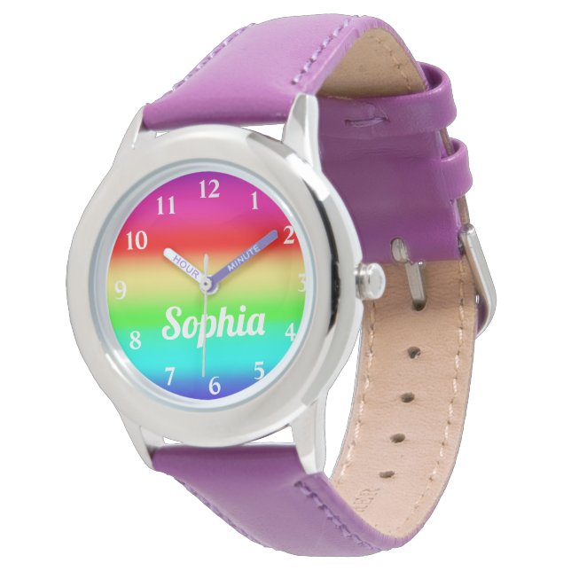 Rainbow meisjes gepersonaliseerde naam leuke Sjabl Horloge (Gekanteld)