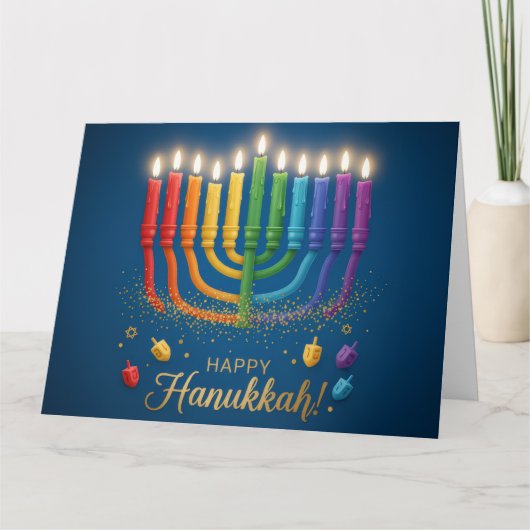 Rainbow Menorah Glow – Happy Hanukkah Card Bedankkaart (Voorkant)