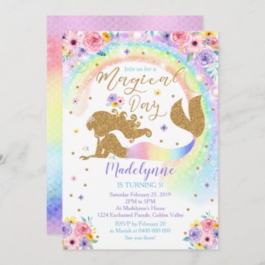 Rainbow Mermaid Invitation Kaart (Voorkant / Achterkant)