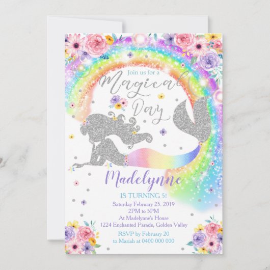 Rainbow Mermaid Invitation Zilveren Zeemeermin Kaart (Voorkant)