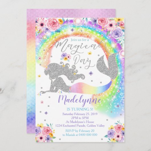 Rainbow Mermaid Invitation Zilveren Zeemeermin Kaart (Voorkant / Achterkant)