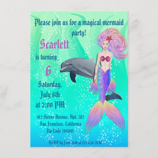 Rainbow Mermaid met Dolphin Summer Birthday Informatiekaartje (Voorkant)